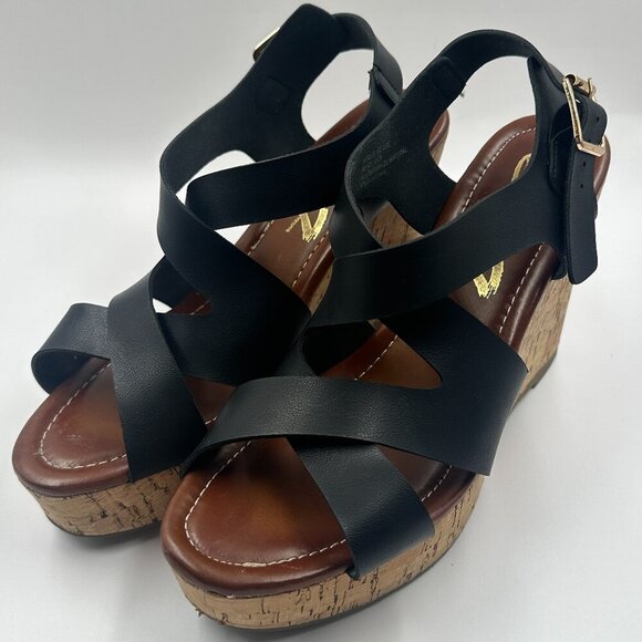 Seven7 Shoes - Seven 7 Winnie Wedge Black Wooden Cork Womens Size 9 Strappy Buckle Heel
